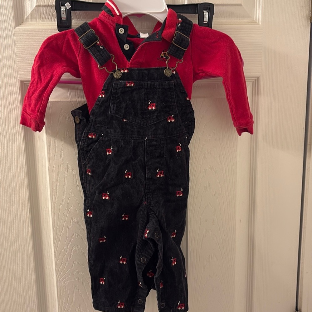 Oshkosh Train corduroy train overalls. With collared onesie. Sz 12 mos Red/black